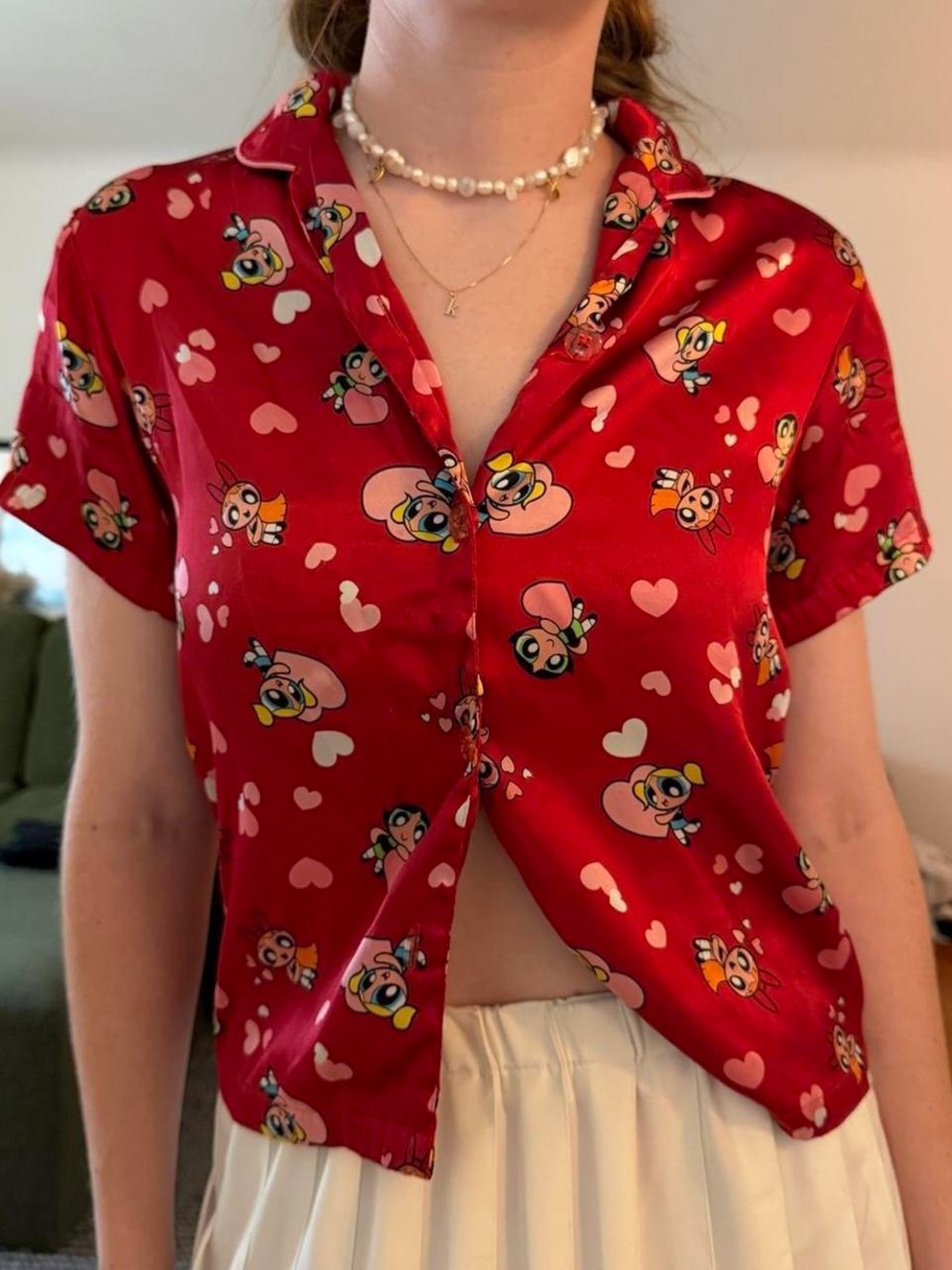 Cartoon Network Powerpuff Girls Red Satin Short-Sleeve Button-Up Top with Heart